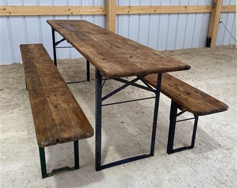 Wood Vintage German Beer Garden Table and Benches, Oktoberfest Picnic Table, D36, Patio Furniture Table, Folding Table, Portable Table