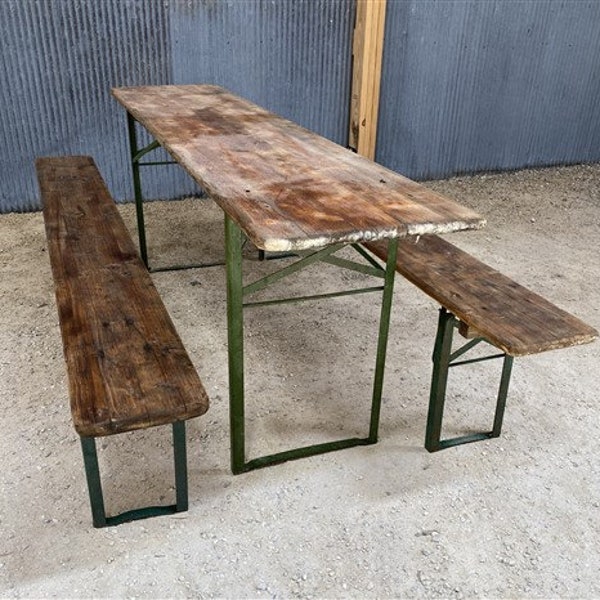 Wood Vintage German Beer Garden Table and Benches, Oktoberfest Picnic Table, D61, Patio Furniture Table, Folding Table, Portable Table