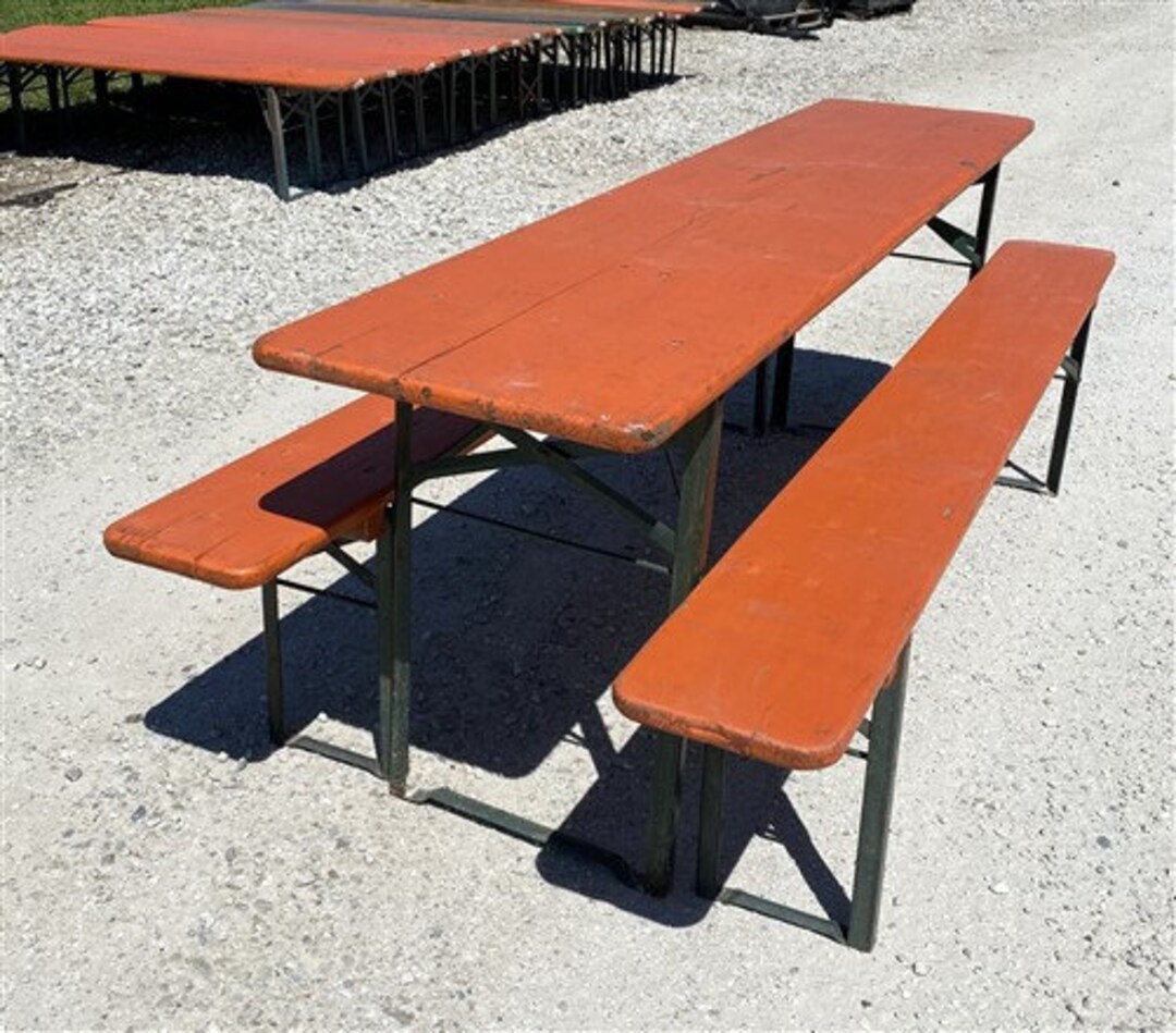 Wood Vintage German Beer Garden Table and Benches, Oktoberfest Picnic