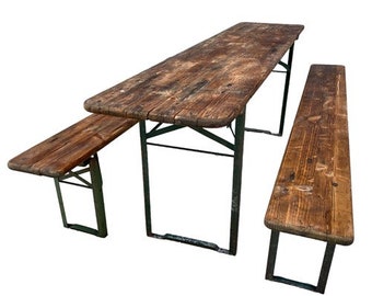 Wood Vintage German Beer Garden Table and Benches, Oktoberfest Picnic Table, D62, Patio Furniture Table, Folding Table, Portable Table