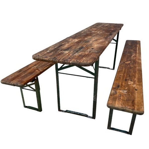 Wood Vintage German Beer Garden Table and Benches, Oktoberfest Picnic Table, D62, Patio Furniture Table, Folding Table, Portable Table