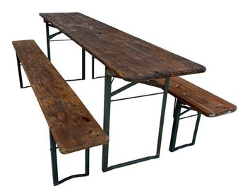 Wood Vintage German Beer Garden Table and Benches, Oktoberfest Picnic Table, D34, Patio Furniture Table, Folding Table, Portable Table