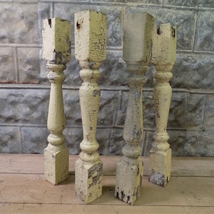 4 Balusters Yellow Wood Architectural Salvage Spindles Porch Post House Trim A, Vintage Wood Spindles, Wooden Balusters, Rustic Farmhouse