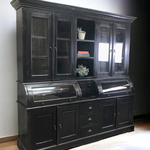 Curved Black Kitchen Hutch Cabinet, Kitchen Storage, Wood Pantry Cupboard, A Wood Bookcase, China Cabinet, With Doors, Kitchen Display