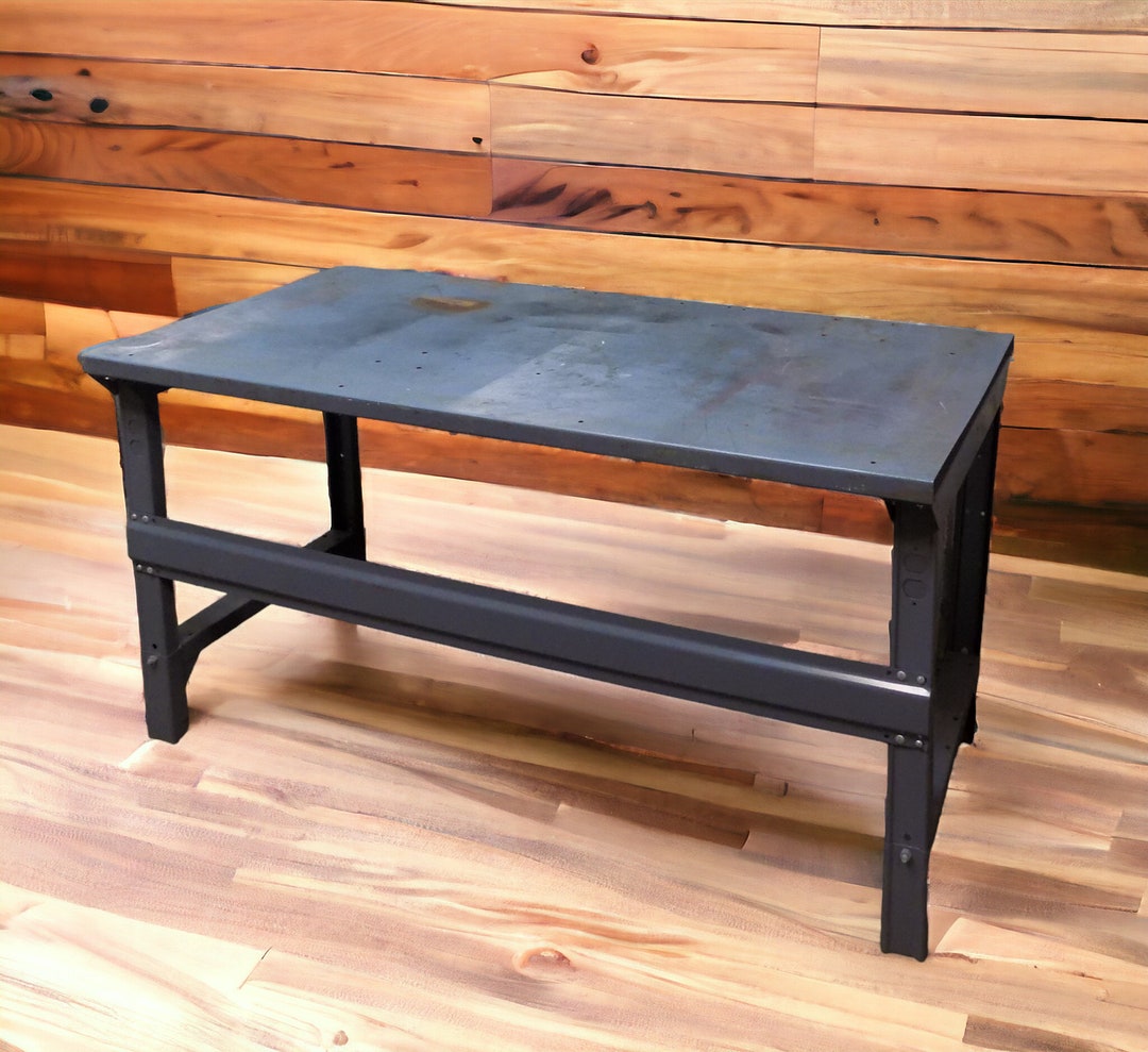 Vintage Industrial Metal Work Table, Kitchen Island, Gray Steel