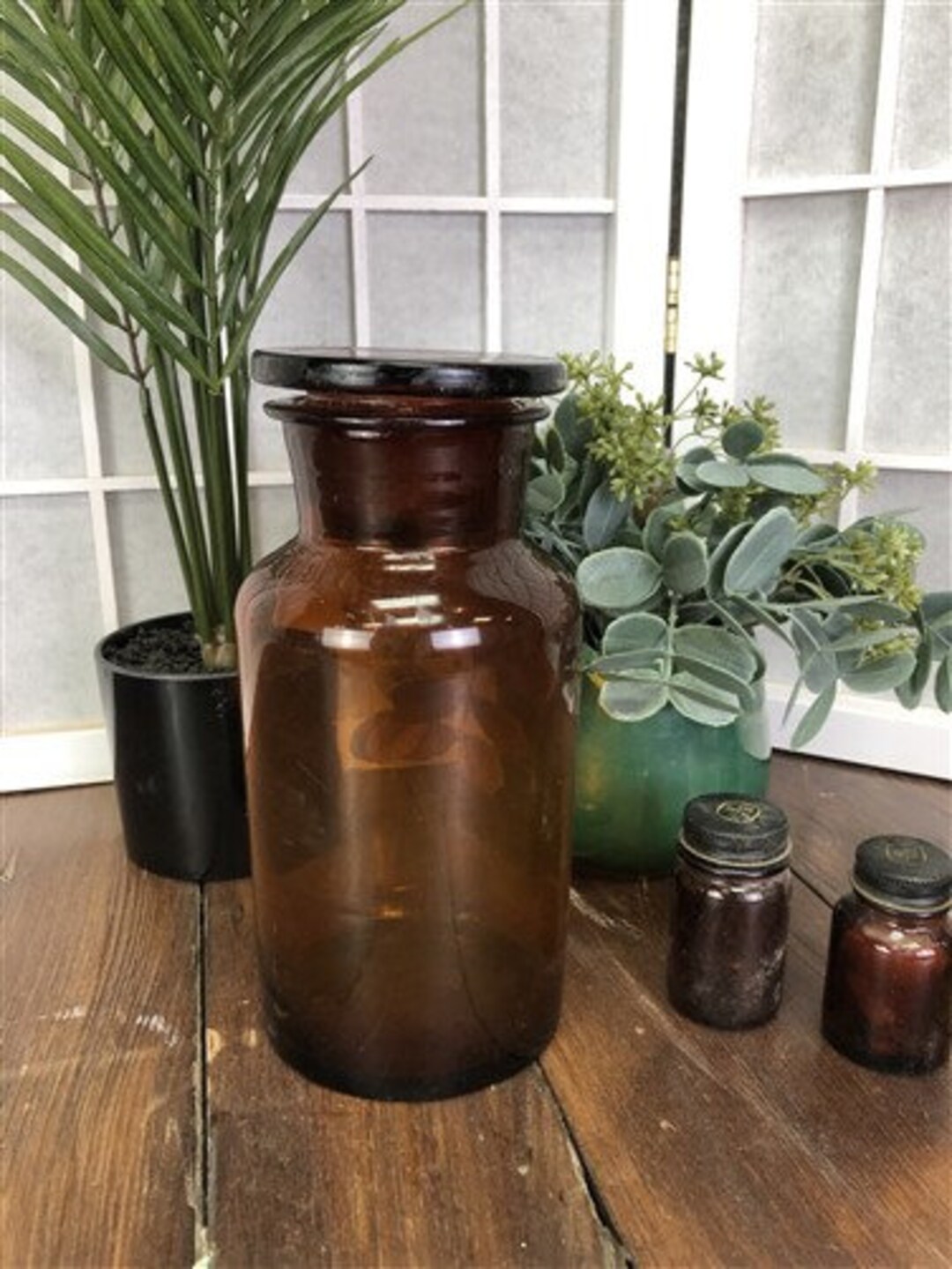 Brown Glass Apothecary Jar, Pharmacy Druggist Medicine Bottle, Amber
