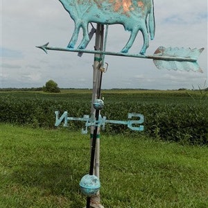 3D Cow Weathervane, Lightning Rod Barn Topper, Country Decor Rustic Patina