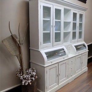 Curved Door White Wood Kitchen Hutch Cabinet, Pantry Cupboard, Storage H