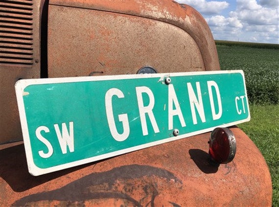 Grand Ct Street Sign, Vintage Green Road Sign, 36x9 Metal Wall