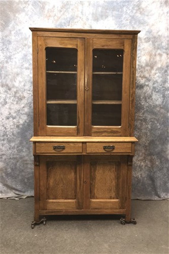 Antique Oak Stepback Cupboard Hutch Kitchen Cabinet Etsy