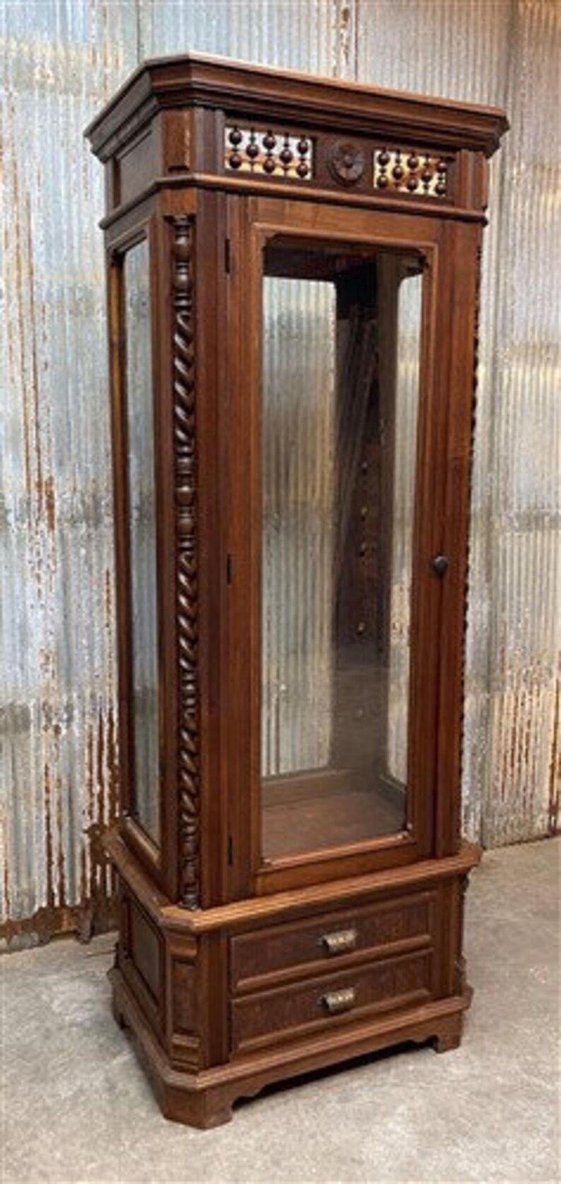 Walnut Display With Glass Doors Vintage Curio Etsy
