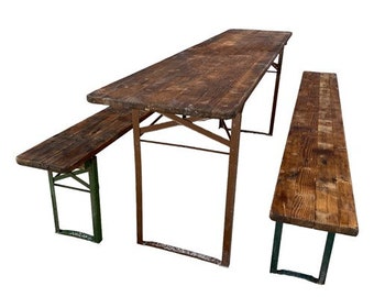 Wood Vintage German Beer Garden Table and Benches, Oktoberfest Picnic Table, D59, Patio Furniture Table, Folding Table, Portable Table
