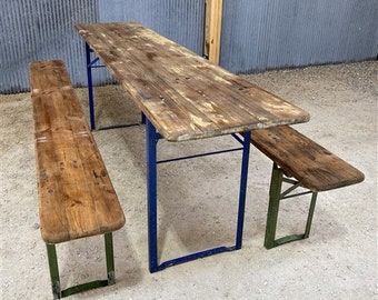 Wood Vintage German Beer Garden Table and Benches, Oktoberfest Picnic Table, D52, Patio Furniture Table, Folding Table, Portable Table