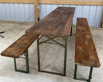 Wood Vintage German Beer Garden Table and Benches, Oktoberfest Picnic Table, D35, Patio Furniture Table, Folding Table, Portable Table