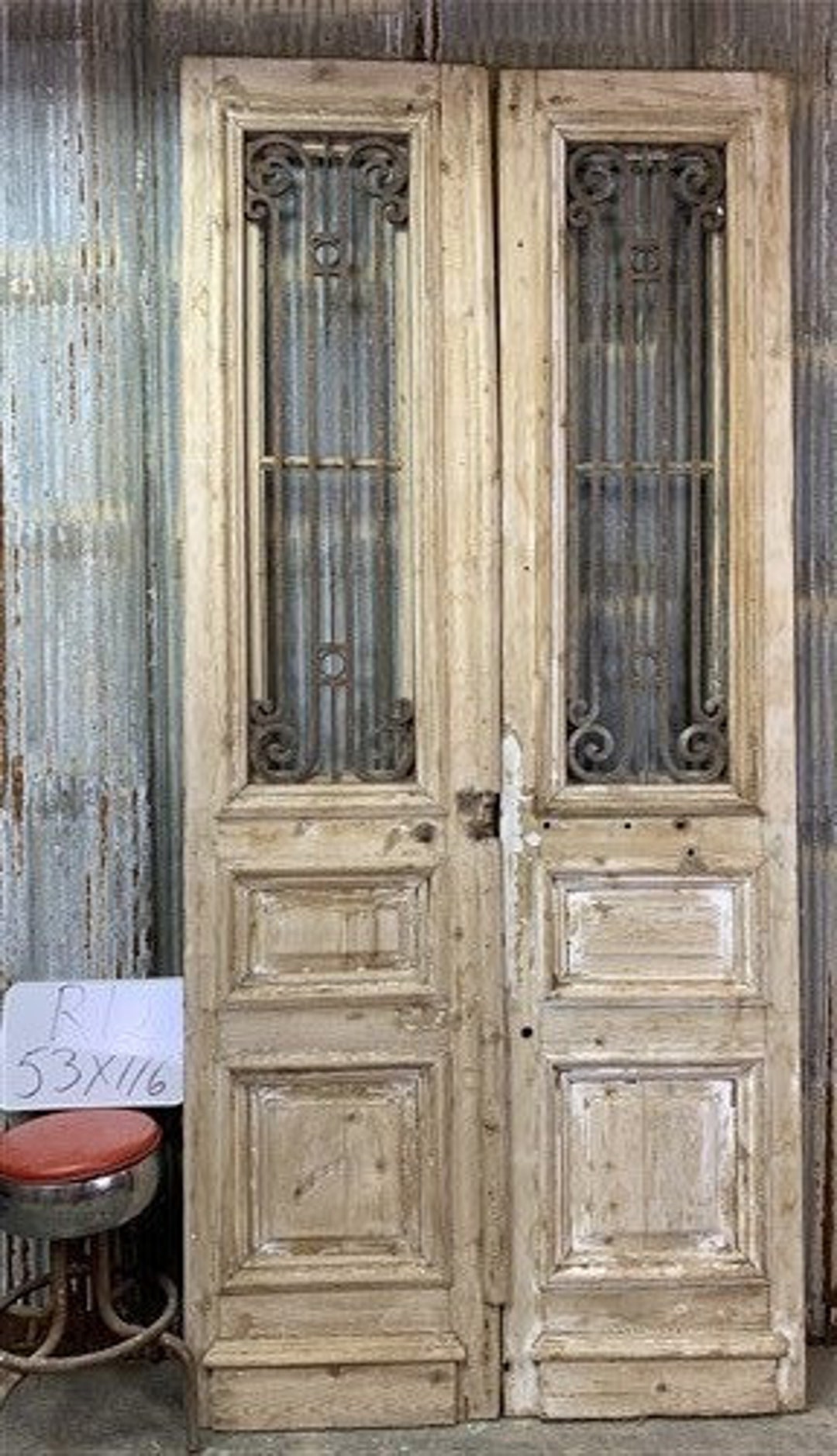 【trendeco】Retro Antique Vintage Furniture Double Door Type Antique French Double Doors (53x116) European Doors, Iron