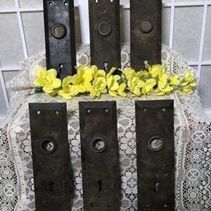 Puede incluir: Conjunto de ocho placas de puerta antiguas, hechas de metal con un acabado marrón oscuro. Cada placa tiene un agujero redondo en el centro y una cerradura en la parte inferior. Las placas están dispuestas en dos filas de cuatro.