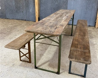 Wood Vintage German Beer Garden Table and Benches, Oktoberfest Picnic Table, D55, Patio Furniture Table, Folding Table, Portable Table