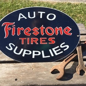 Firestone Tires Auto Supplies Sign, Metal Porcelain Advertising, Gas Station B Firestone Advertising, Metal Porcelain Advertising Sign