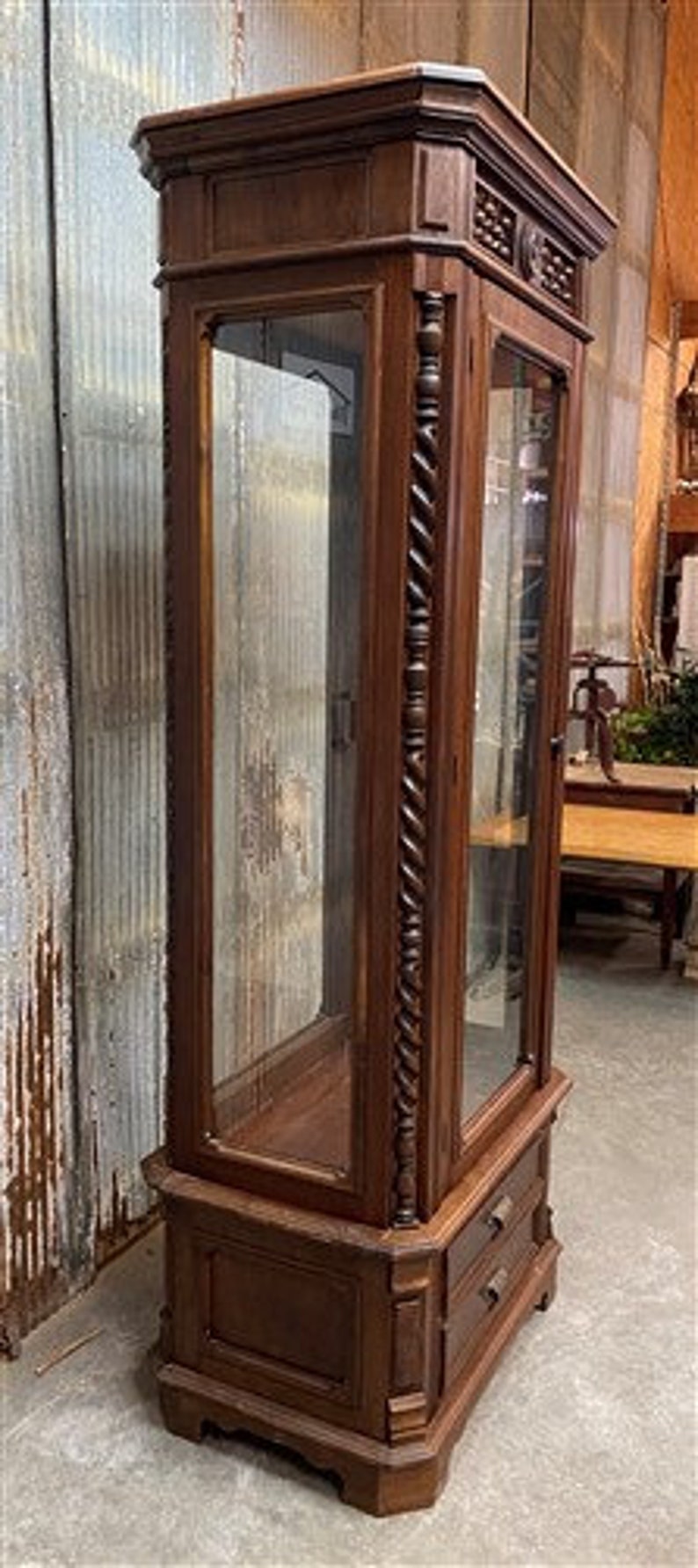 Walnut Display With Glass Doors Vintage Curio Etsy