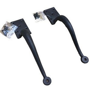 May include: Two black metal door handles with a curved design and a round knob at the end. Each handle comes with a square mounting plate and screws.