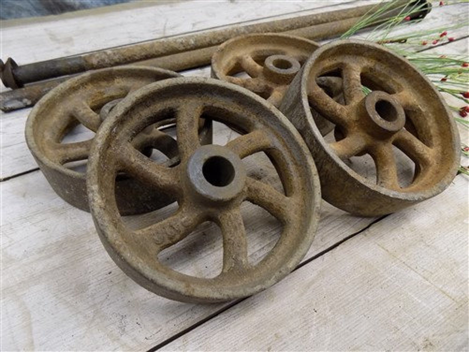 4 Factory Cart Wheels & 2 Axles Cast Iron Vintage Lineberry Etsy