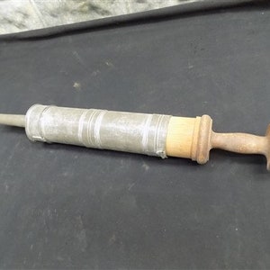 Sausage Stuffer Tin Tube, Wood Plunger Pusher, Antique Primitive Sausage Stuffer, Primitive Kitchen Decor, Vintage Meat Processing Tool