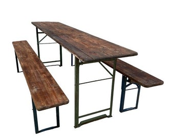 Wood Vintage German Beer Garden Table and Benches, Oktoberfest Picnic Table, D50, Patio Furniture Table, Folding Table, Portable Table