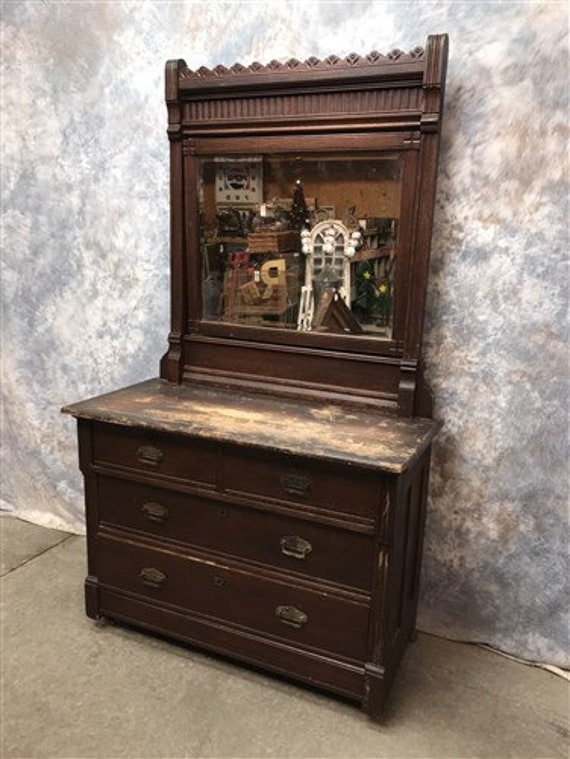 Antique Oak Eastlake Victorian Dresser With Mirror Furniture Vanity Vintage Bedroom Chest Dressing Table Swivel