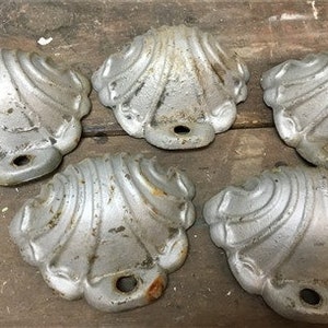 May include: Five silver-colored metal shell-shaped decorative pieces. The shells have a raised, textured design and a small hole in the center.