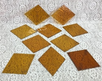 10 Honey Gold Stained Glass Reclaimed Church Window Diamond Panes, Art Glass E,