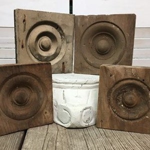 4 Plinth Blocks, Antique Bullseye Rosettes, Architectural Salvage, Wood Trim A32 Woodwork Block, Vintgae Wood Molding Door Window Trim