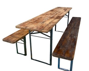 Wood Vintage German Beer Garden Table and Benches, Oktoberfest Picnic Table, D53, Patio Furniture Table, Folding Table, Portable Table