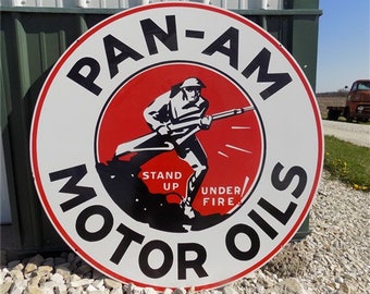 Pan Am Motor Oils Sign, Double Sided Metal Porcelain Advertising Sign, Gas Oil Pan Am Sign, Motor Oils Sign, Gas Station Advertising Sign