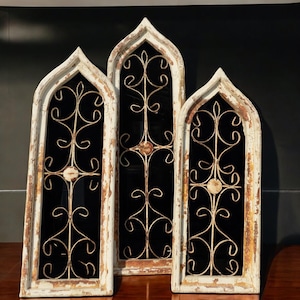 Set 3 Gothic Teardrop Window Frames, Architectural Wood Metal Wall Decor Set