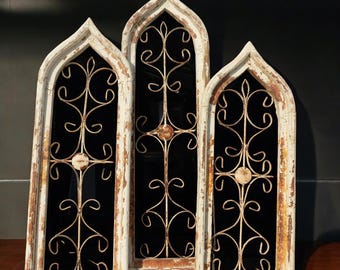 Set 3 Gothic Teardrop Window Frames, Architectural Wood Metal Wall Decor Set