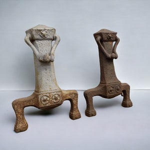 Pair Cast Iron Fireplace Andiron Fronts Art Deco Nouveau FireDog Parts Vintage, Vintage Fireplace Tools, Vintage Andirons, Vintage Fire Dogs