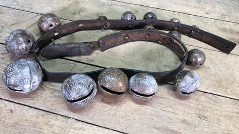 16 Sleigh Bells Horse Rein Leather Strap, Christmas Winter Brass Jingle ...