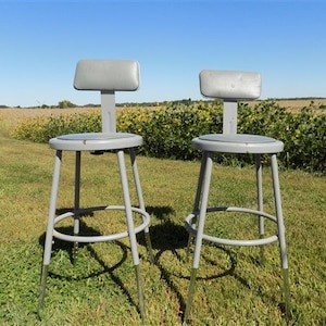2 Gray Industrial Metal Drafting Stools W Back, Adjustable Shop Stools Chairs G,