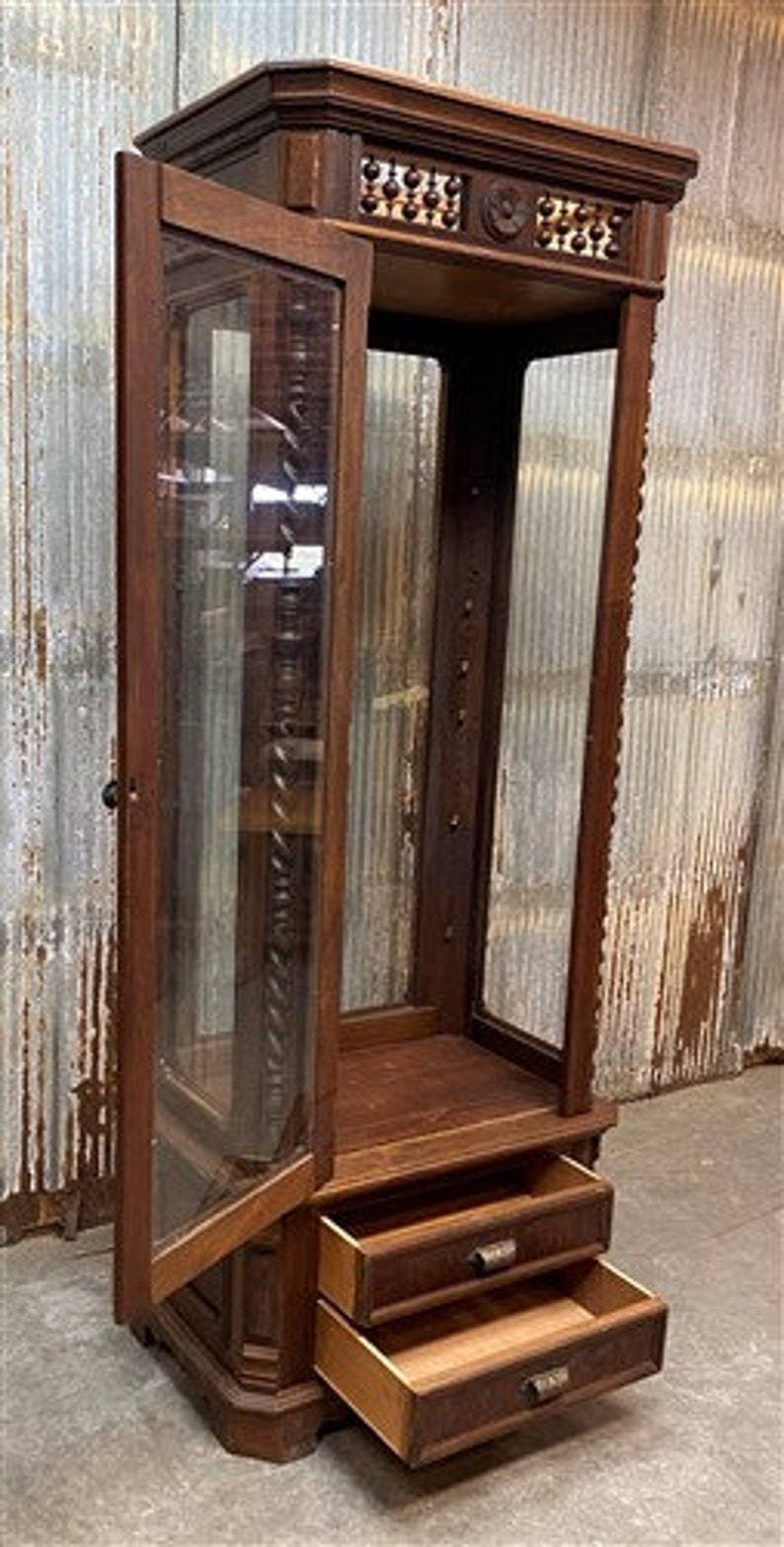 Walnut Display With Glass Doors Vintage Curio Etsy