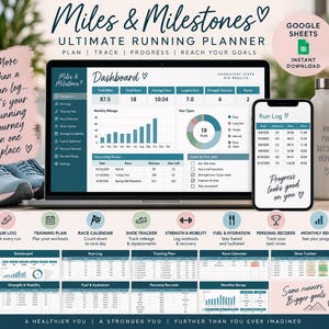 May include: A digital running planner titled Miles & Milestones displayed on a laptop and smartphone screen. The interface features a dashboard with run statistics, charts, and a run log. A white water bottle sits nearby, and icons represent tracking features like training plans, race calendars, and shoe logs.