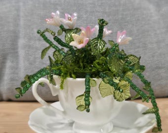 Handmade Beaded Forever Plant in White Delicate Teacup with Saucer