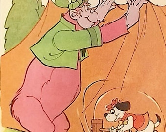 May include: A cartoon illustration of a large, green and pink bear wearing a hat and holding up a tent flap. A small, white dog with a red hat and dress is holding a hammer and driving a tent peg into the ground.