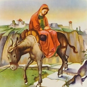 1951 Eloise Wilkin Boże Narodzenie Maryja jadąca do Betlejem Matowe Vintage 8x10 Wydruk Jezus, Maryja, Józef