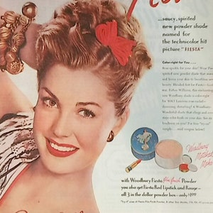 Pubblicità del trucco Fiesta di Esther Williams del 1947, stampa vintage 11x14