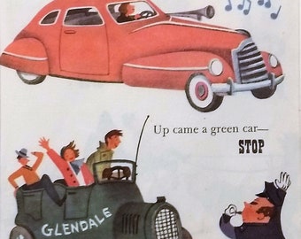 May include: Illustration from a children's book featuring two vintage cars. A pink car with a driver honks its horn, while a green car with passengers approaches a police officer signaling to stop. Text includes "STOP" and "GLENDALE".