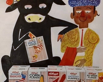 May include: A vintage Kellogg's cereal box advertisement featuring a cartoon bull and a bullfighter. The ad promotes Kellogg's Variety, a collection of 10 different cereal boxes, with the tagline "settles all differences... the choose-it-yourself breakfast".