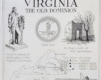 May include: A black and white illustration of various landmarks and historical sites in Virginia, including the State Seal, the Statue of Washington, William and Mary College, Stratford, Old Jamestown, and a monument to Jackson. The illustration also includes a map of Virginia with the population of cities listed.