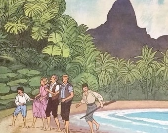 May include: A group of five people stand on a beach with lush green foliage and a large, dark mountain in the background. The people are wearing casual clothing and one person is holding a rifle.