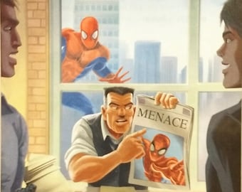 May include: A man in a suit points to a newspaper headline that reads "MENACE" with a picture of Spider-Man in a red and blue suit.  Another man in a blue shirt stands to the left of the man in the suit.  A third man in a red and blue suit is seen through a window in the background.