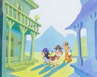 May include: Three cartoon cows walk down a street in a western town. The cows are brown, black and white, and purple. The town has wooden buildings with a light blue sky in the background.